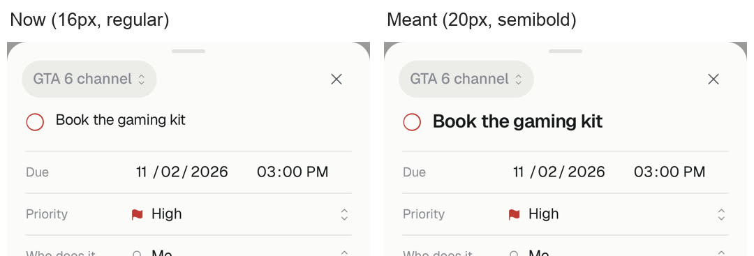 Task title now at 16px regular next to the intended 20px semibold